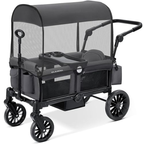 ELEMARA Foldable Wagon Stroller, Stroller Wagon for 2 Kids, Premium All Terrain Wagon for Kids with Removable Canopy, Adjustable Push/Pull Handle, Harnesses, Large Storage Bag, Gray