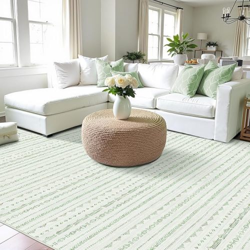 Sage Green 5x7 Area Rugs for Living Room, Washable Rugs Moroccan Boho Farmhouse Rug with Non-Slip Backing, Soft Low Pile Indoor Floor Carpet Neutral Rug for Bedroom Dining Room