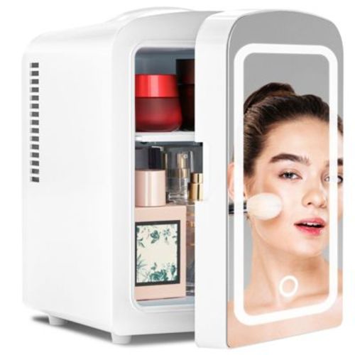 R.W.FLAME Compact Refrigerator with Mirror, Milk Storage, Skin Care, for Bedroom, Car, Office & Dorm, Portable Small Cooler for Cosmetics, White