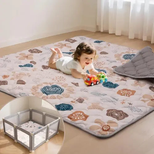 Baby Play Mat for Floor,50x50 Inch Soft Padding Crawling Mat for Playpen, Foldable and Machine Washable, Thick for Babies & Toddlers,Boho Flower