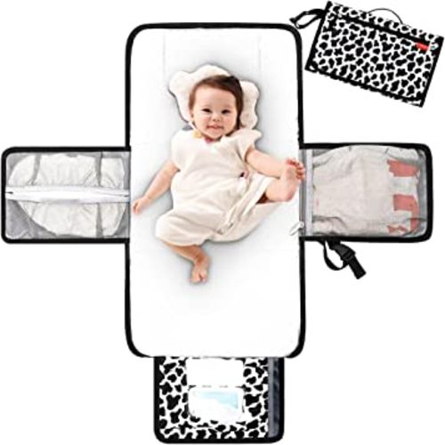Lekebaby Portable Diaper Changing Pad Travel Baby Change Mat With Wipe-Pocket And Head Cushion, Cow stria