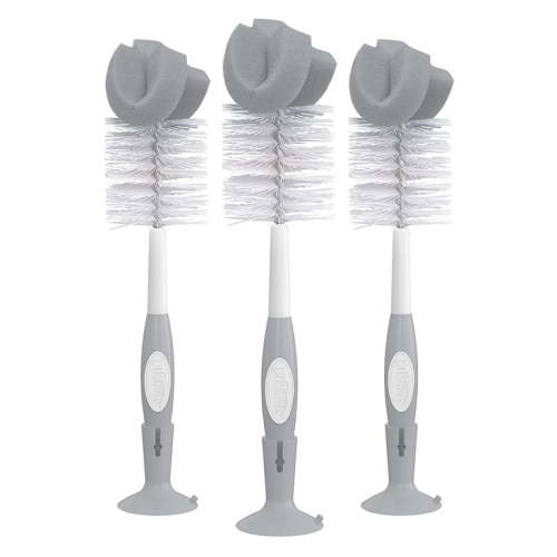 Dr. Brown's Baby Bottle Brush with Suction Cup Stand, Sponge, Scrubber and Nipple Cleaner Gray, 3 Pack