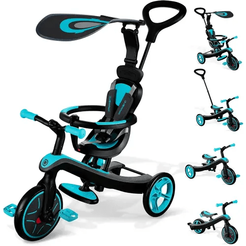 Globber 4-in-1 Toddler Trike Push Bike Stroller – Learning Tricycle for Toddlers Converts Into Balance Bike – Safe Outdoor Ride On Toys for Kids (Teal)