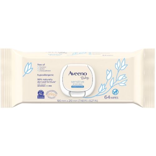 AVEENO Baby Sensitive All Over Wipes, Paraben- & Fragrance-Free, 64 ea (Pack of 2)