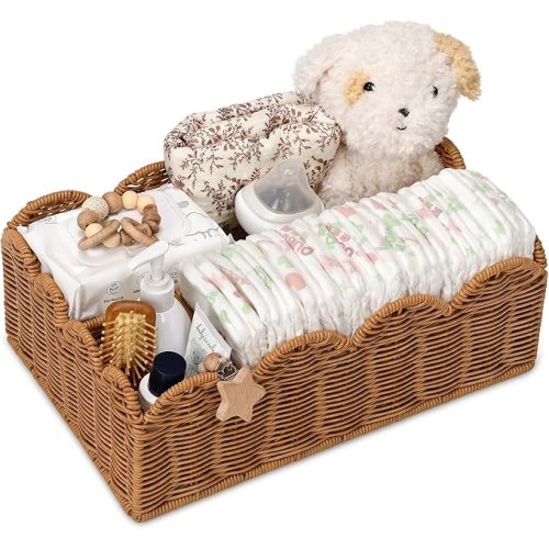 Wicker Diaper Caddy Organizer, Nursery Storage Basket for Diapers and Baby Wipes, Baby Essentials Organizer for Changing Table, Splinter Free Rattan Style (Tea Brown, L)
