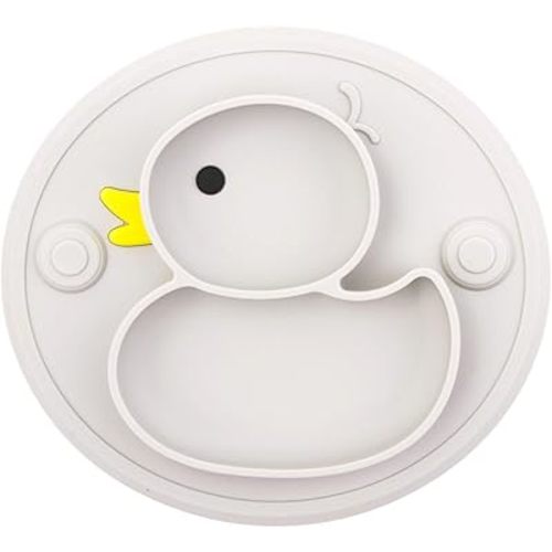 Baby Divided Plate Silicone- Portable Non Slip Child Feeding Plate with Suction Cup for Children Babies and Kids BPA Free Baby Dinner Plate Microwave Dishwasher Safe … (Duck-Gray)