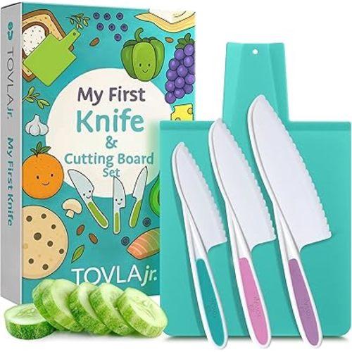TOVLA JR. Premium Montessori Kid-Safe Knife & Cutting Board Set – Real Kitchen Tools for Toddlers & Young Kids Learning to Cook, Safe & Easy for Begin...