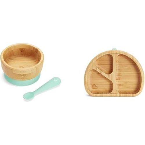 Munchkin® BambouTM Bamboo Suction Bowl, Silicone Spoon and Divided Suction Plate - Eco-Friendly Baby Mealtime Set