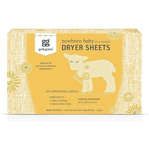 Grab Green Newborn Baby Dryer Sheets, 40 Sheets, Chamomile Scent, Plant and Mineral Based, Compostable, Softens Clothing and Linens, Reduces Static Cling