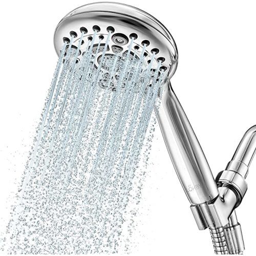 LOKBY 5″ High Pressure Handheld Shower Head 6-setting - High Flow Even with Low Water Pressure - Hand Held Showerhead Set with 59″ Stainless Steel Hose, Teflon Tape, Rubber Washers, Bracket - Chrome