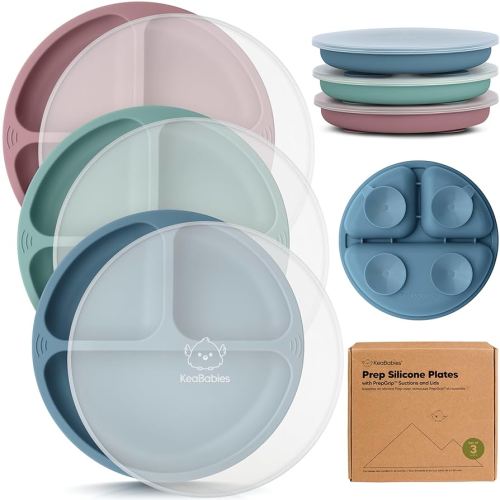 KeaBabies Suction Plates with Lids for Baby, Toddler - 3-Pack