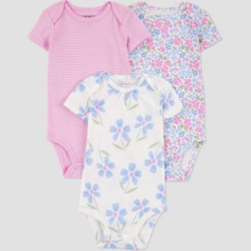 Carter's Just One You®️ Baby Girls' 3pk Bodysuit - Pink/Yellow Newborn: Cotton, Lightweight, Lemon & Floral Patterns, Short Sleeve
