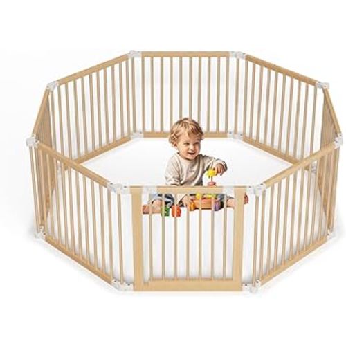 Foldable Wooden Playpen, Large Size Baby Fence 8 Panels, Adjustable Baby Playard for Babies and Toddlers with Safety Locking Gate, for Indoor or Outdoor