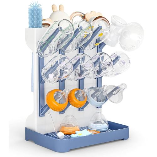 GoMaihe Baby Bottle Drying Rack: Space Saving Vertical Bottle Dryer Holder - Baby Accessories Storage Stand Organize Brushes Pacifiers on Countertop - BPA-Free - Blue