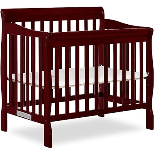 Aden 4-in-1 Convertible Mini Crib In Cherry, Greenguard Gold Certified, Non-Toxic Finish, New Zealand Pinewood, With 3 Mattress Height Settings