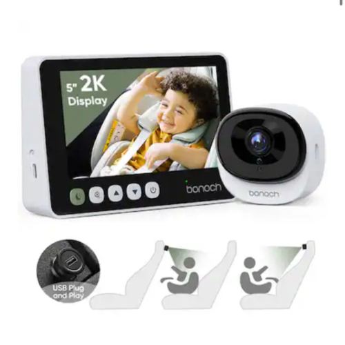 bonoch - 2K Baby Car Camera with Full Crystal Night Vision, 5 Inch Baby Car Montior for Back Seat Rear Facing - White