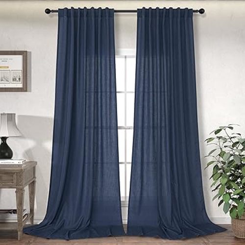 Navy Blue Curtains 96 Inches Long for Living Room Dining 2 Panel Set Back Tab Pocket Marine Drape Light Filter Semi Sheer Energy Efficient Privacy Linen Dark Blue Curtain for Bedroom Mens 52x96 Length