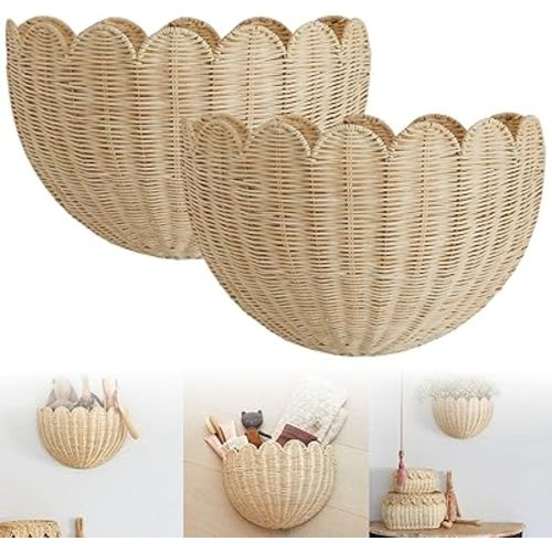 Natural Scalloped Wall Basket - Handwoven Indonesian Rattan Storage Organizer with Metal Frame, Perfect for Living Room, Study, or Nursery Decor in Nordic Style.(2pcs)