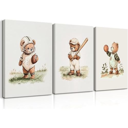 3Pcs Nursery Teddy Bear Canvas Wall Art Vintage Sports Bear Wall Decor Sports Boys'Room Artwork Prints Basketball Football Baseball Painting Pictures for Children's Room Boys' Room (12x16in Canvas)