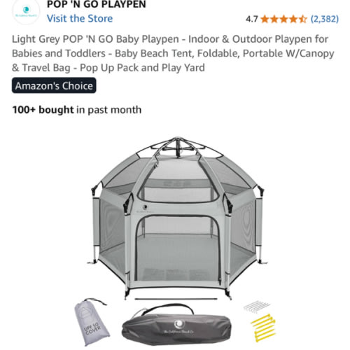 Light Grey POP 'N GO Baby Playpen - Indoor & Outdoor Playpen for Babies and Toddlers - Baby Beach Tent, Foldable, Portable W/Canopy & Travel Bag - Pop Up Pack and Play Yard