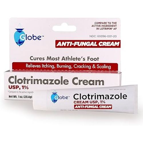 Globe Clotrimazole Antifungal Cream 1% USP (1 oz), Anti Fungal Treatment, Relieves Itching, Burning, Cracking and Scaling Associated Athletes Foot, Jock Itch, Ringworm and More