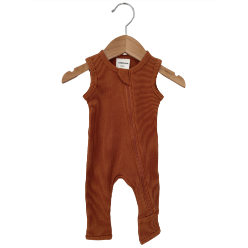 Organic Waffle Sleeveless Zip Romper, Caramel