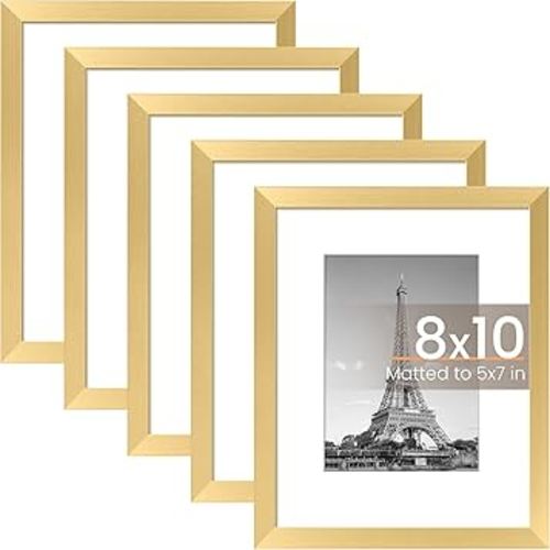 upsimples 8x10 Picture Frame Set of 5, Display Pictures 5x7 with Mat or 8x10 Without Mat, Wall Gallery Photo Frames, Gold