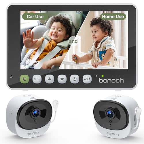 bonoch 2-in-1 Car Home Dual-Use Baby Monitor, 5" 1080P Wireless Car Cameras for 2 Kids, Auto-search Switch Between Camera Views, Crystal-Clear Night Vision, 360° Adjustable, Split Screen, Easy Install