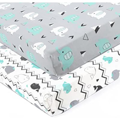 Stretchy Fitted Crib Sheets Set BROLEX 2 Pack Portable Crib Mattress Topper for Baby Boys Girls,Ultra Soft Jersey,Full Standard,Elephant & Whale