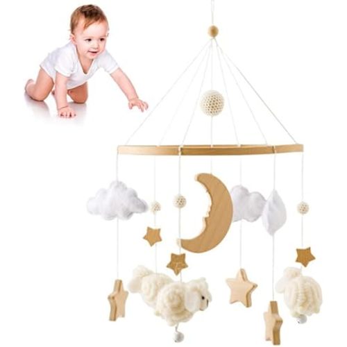 Baby Crib Mobile for Boys Girls | Boho Nursery Mobile | Felt Ball Bed Bell Mobile Crib | Ceiling Mobile - Stars, Clouds, Moon | Pendant Toy Wooden Wind Chime Nursery Decoration (Cream Colour)