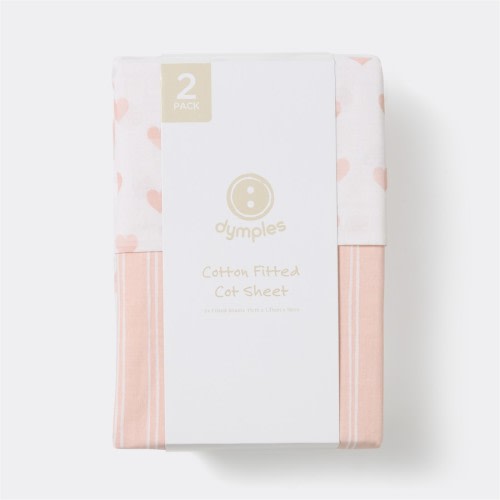 Dymples Cotton Fitted Cot Sheet 2 Pack - Hearts/Stripe