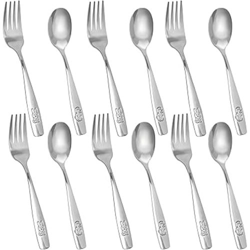HAKSEN Stainless Steel Toddler Utensils Set, 12PCS Kids Safe Forks and Spoons with Bunny and Puppy Motifs, Mirror Polished & Dishwasher Safe