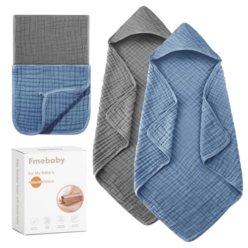 Fmebaby Hooded Baby Towels for Newborn 2 Pack 36x36 Inch Muslin Cotton Baby Bath Towel and 2 Pack Washcloths for Babies, Infant, Toddler and Kids, Soft and Absorbent Newborn Essential(Grey and Blue)