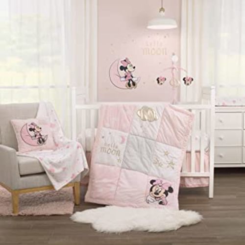 Disney Minnie Mouse Twinkle Twinkle Minnie Pink, White and Metallic Gold 3 Piece Crib Bedding Sete Twinkle Minnie Pink, White and Metallic Gold 3 Piece Crib Bedding Set