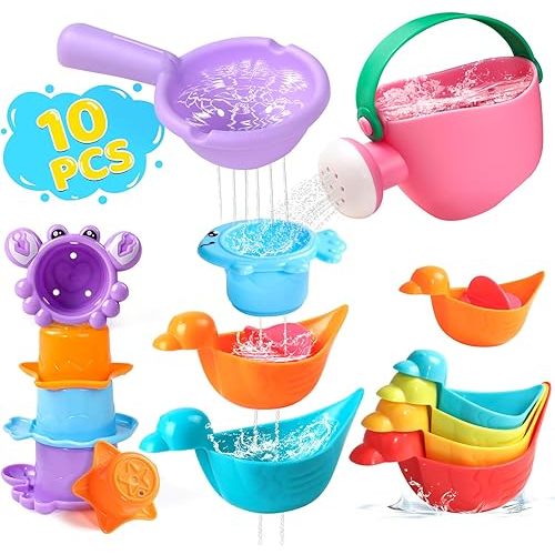 Toddler Bath Toys for Kids Ages 1-3 10 PCS Baby Bath Toys Mold Free with Multi Color & Shape Stacking Cups Bathtub Sand Pool Water Toys for 1 2 3 4 5 6 Birthday Gifts