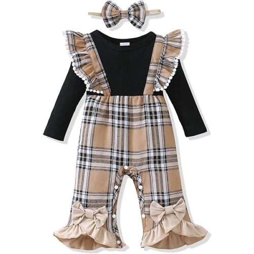 Renotemy Newborn Baby Girl Clothes Fall Winter Outfit Ribbed Romper Plaid Overalls Jumpsuit Infant Girl Outfits 0-18 Months