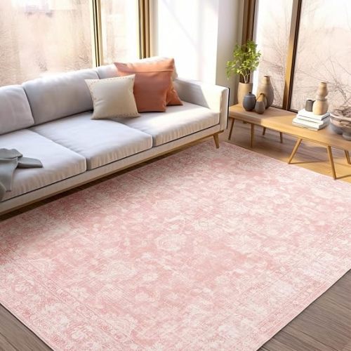 Boho Pink Area Rug 5x7 – Soft Washable Vintage Rug with Non-Slip Backing for Living Room, Bedroom & Nursery, Cozy Home Decor