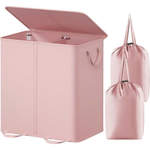 Double Laundry Hamper with Lid and Removable Laundry Bags, Large Collapsible 2 Dividers Dirty Clothes Basket with Handles for Bedroom, Laundry Room, Closet, Bathroom, College, 136L Black