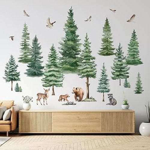 decalmile Large Pine Tree Wall Decals Bundle with Woodland Animal Bear Wall Stickers Baby Nursery Kids Room Bedroom Christmas Holiday Wall Decor Gift for Kids(XL)