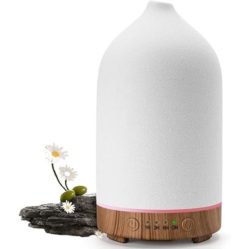 200ML Ceramic Diffuser,Aromatherapy Diffuser,Essential Oil Diffuser with 7 Color Lights Auto Shut Off for Home Office Room,Wood Grain Base (1/3/6/ON hrs Working time)