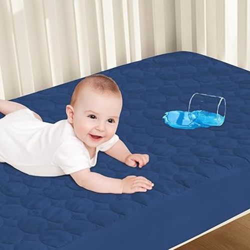 Crib Mattress Protector Waterproof, Soft Breathable Toddler Mattress Pad Cover, Crib Size Fitted Sheets Fit for Baby Toddler Bed Mattress (Standard Size 52” x 28”), Navy Blue
