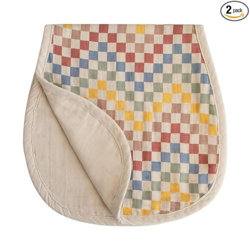mushie Muslin Baby Burp Cloths | 100% Organic Cotton, Set of 2 (Retro Check/Fog)