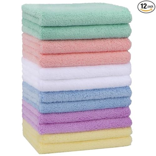 HOMEXCEL Baby Washcloths 12 Pack-Microfiber Coral Fleece Baby Bath Face Towel 7 x 9 Inch Extra Absorbent and Soft Burp Cloth and Wash Cloths for Newborn-Infants and Toddlers-Gentle On Sensitive Skin