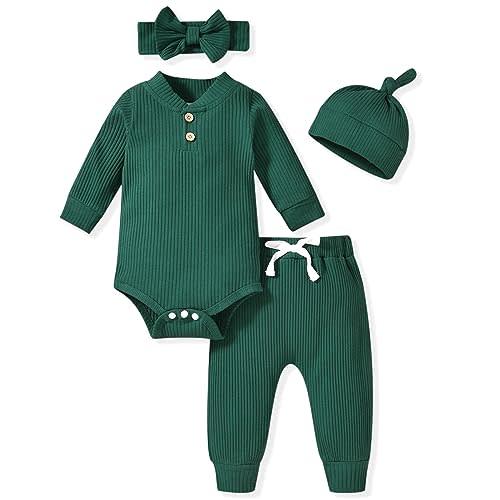 Aalizzwell Gender Neutral Long Sleeve Baby Ribbed Outfit with Hat & Headband