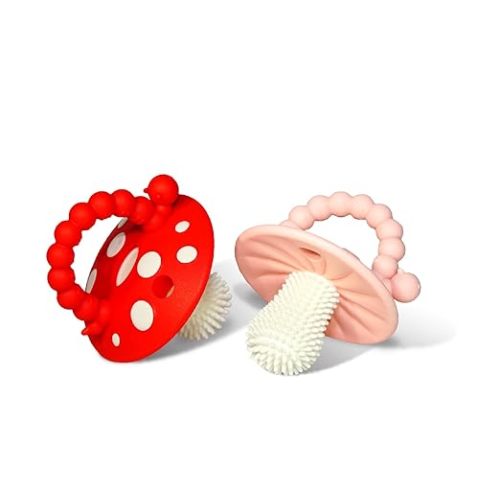 RaZbaby Soft Silicone Infant & Baby 3M+ Teether Toy Massaging Bristles Teething Relief Pacifier - Soothes Sore Gums - Hands-Free & Easy-to-Hold Chompy Teether, BPA Free (RED/Pink)