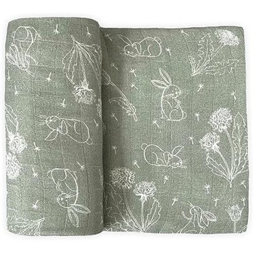 Leyl&Ari Muslin Swaddle Blanket | 70% Viscose from Bamboo 30% Organic Cotton | Bunny Baby Blanket for Boys and Girls (Sage/Bunny & Dandelion)