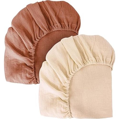 Crib Sheets 2 Pack, Muslin Crib Sheets for Standard Crib Mattress(28"x 52"), 100% Cotton Fitted and Soft Breathable Crib Mattress Sheet for Girls and Boys(Apricot/Brown)