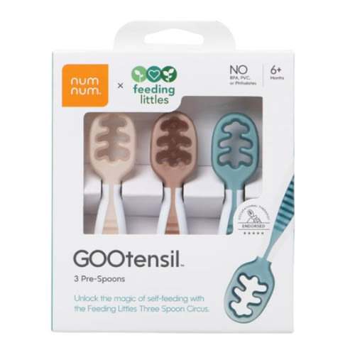 NumNum Baby Spoons Set, Feeding Littles x Silicone Pre-Spoon GOOtensils for Baby Led Weaning, Self-Feeding & Teething, First Stage Toddler Utensils for Ages 6+ Months, 3-Pack, BPA-Free (Neutrals)