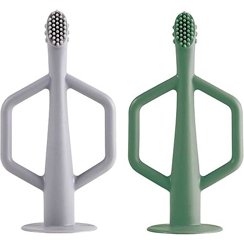 Tiny Twinkle Silicone Training Toothbrush for Babies - Flexible with Suction Base, Easy Grip Handle 2 Pack - Olive and Grey