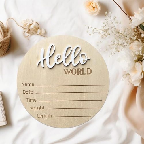Baby Announcement Sign, ​5.9 Inch Wooden Hello World Newborn Signs, Birth Announcement Sign, Baby Shower Hospital Nursery for Newborn Boys and Girls (White,Pen)